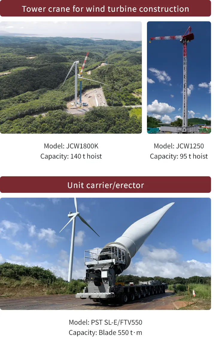 Advanced heavy machinery and cranes that support the construction of giant wind turbines